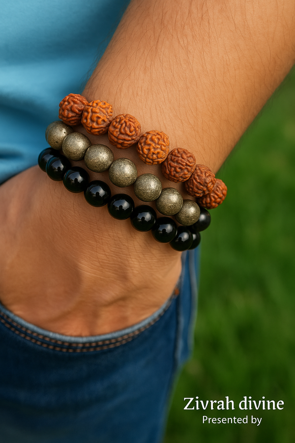 Triple Power Bracelet Combo – Rudraksha for Peace, Pyrite for Success, Obsidian for Protection