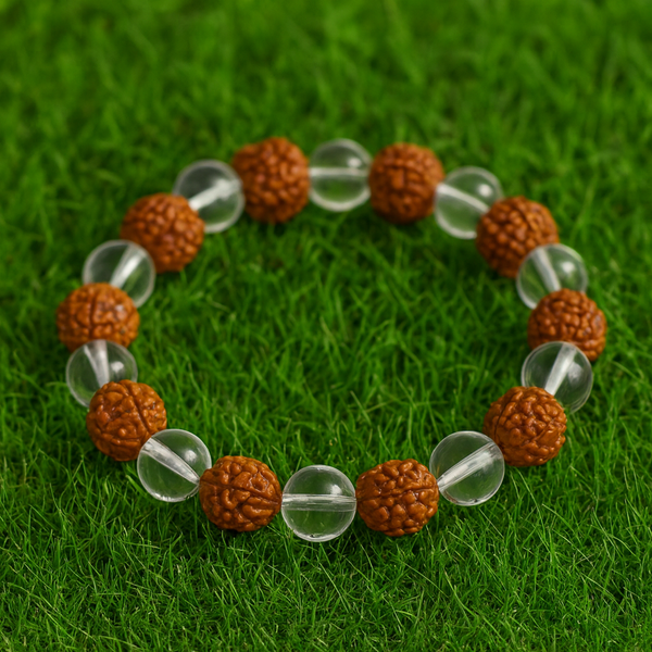 Natural Rudraksha with Clear Quartz Crystal Bracelet – Peace, Healing & Balance